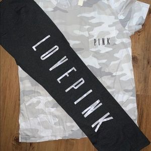 VS PINK CAMO CAMPUS TEE AND LEGGINGS SIZE L/ XL